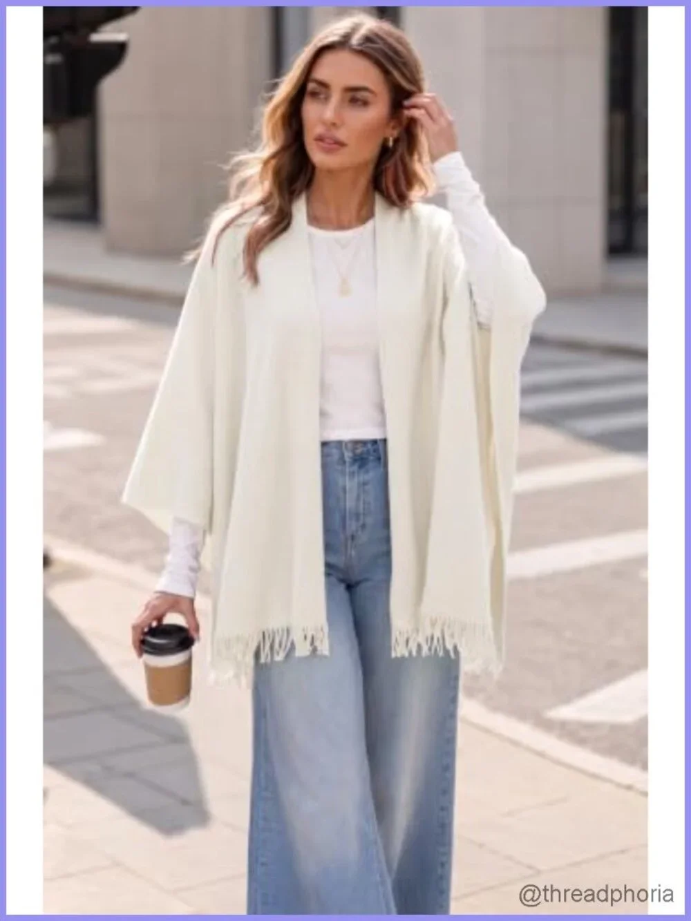 Wool Blend Front Loop Poncho Sweater Shawl Wrap